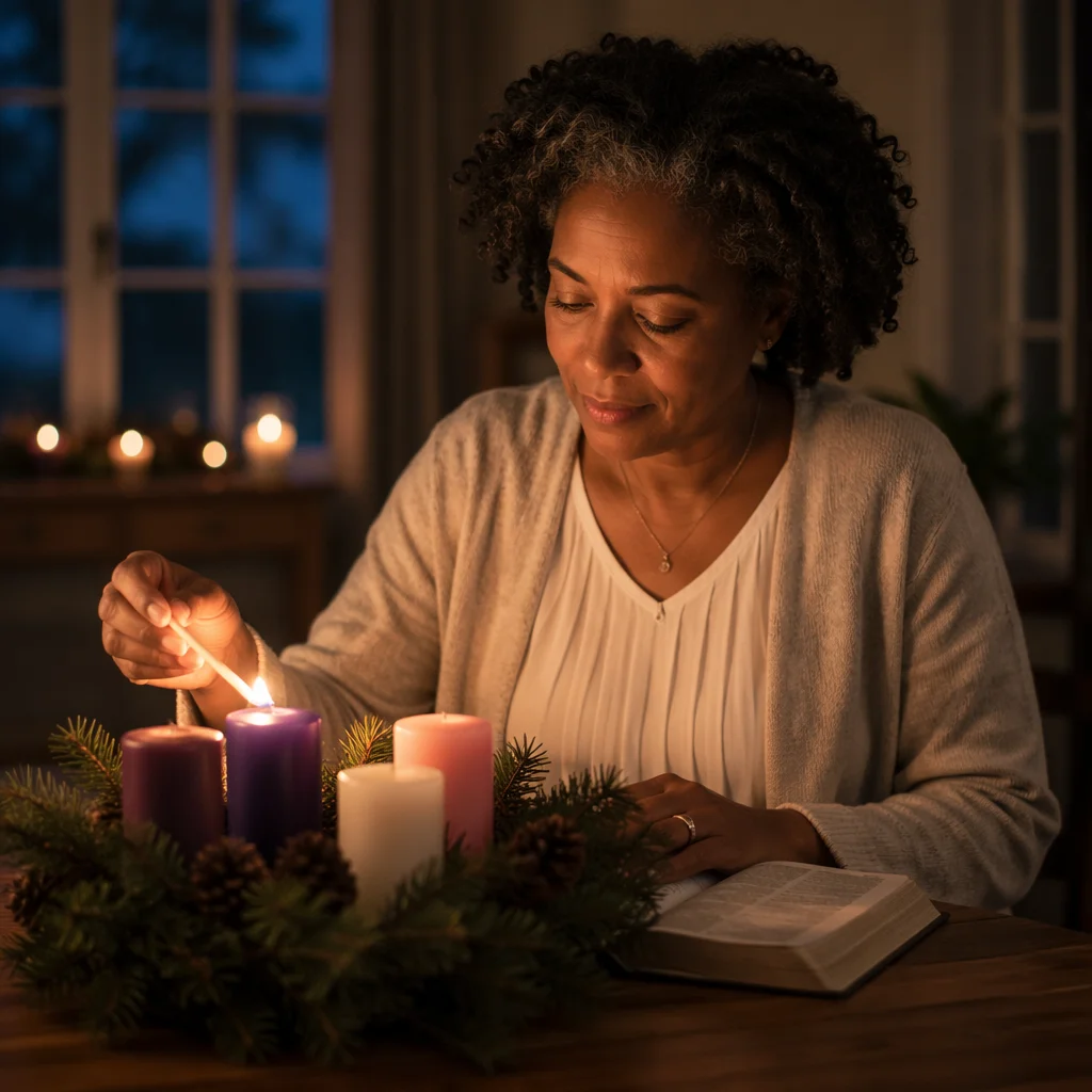 Woman Lighting Advent Wreath Candle