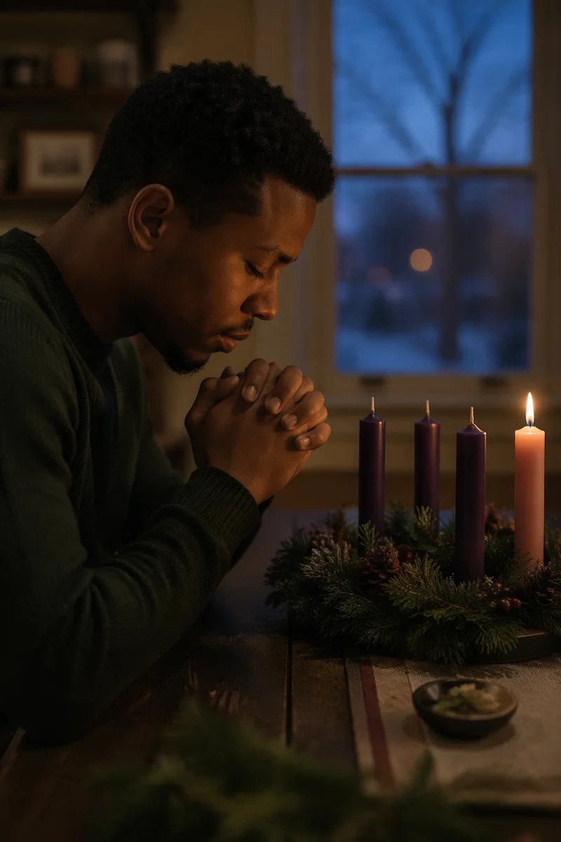 Man Praying Beside Advent Wreath