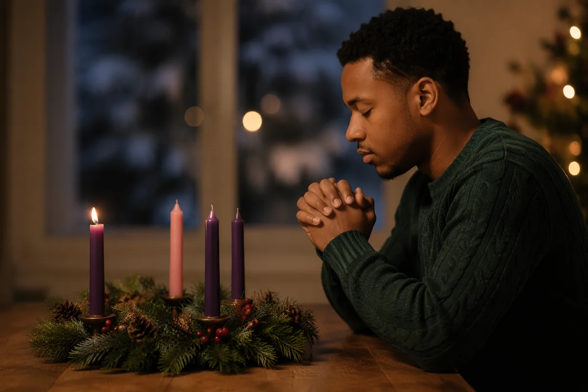 Young Man Praying Beside Advent Wreath