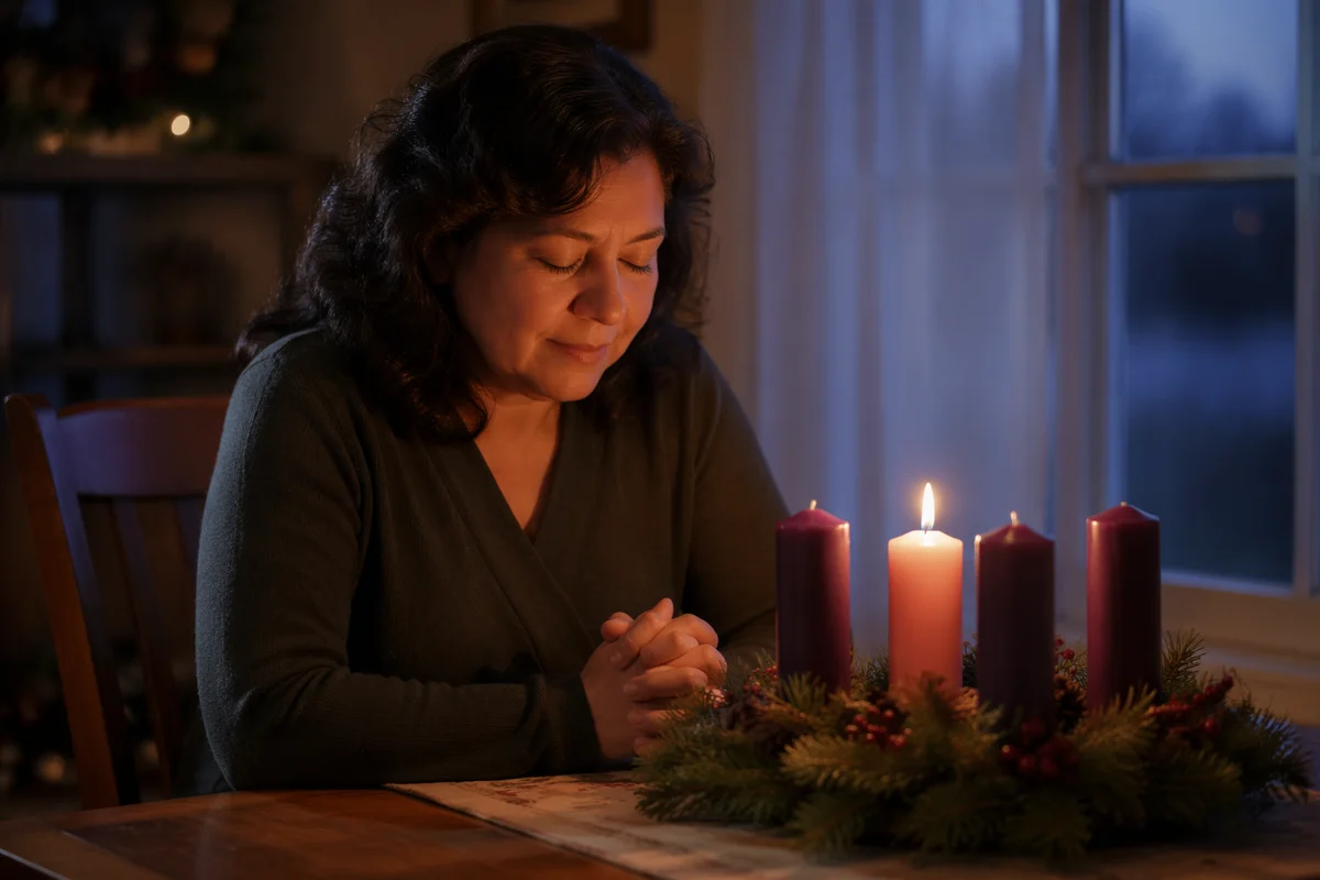 Woman Praying Beside Advent Wreath Candle