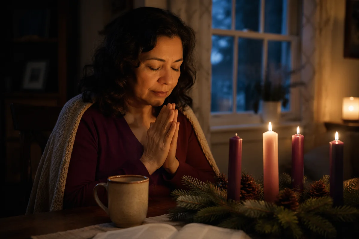Woman Praying Beside Advent Wreath Candle