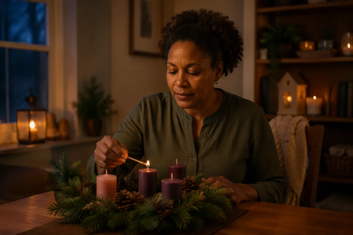 Woman Lighting Advent Wreath Candle