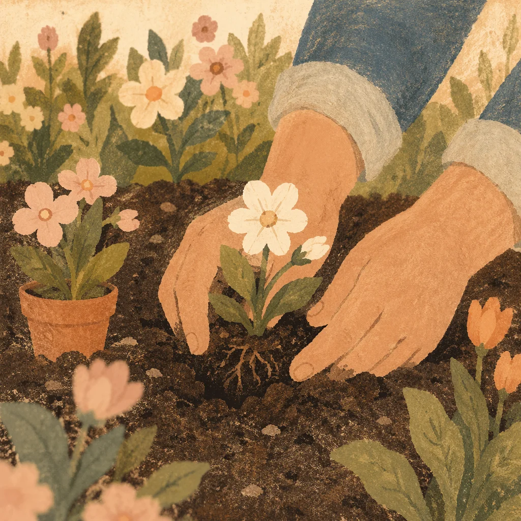 Hands Planting Spring Flowers in Garden Soil