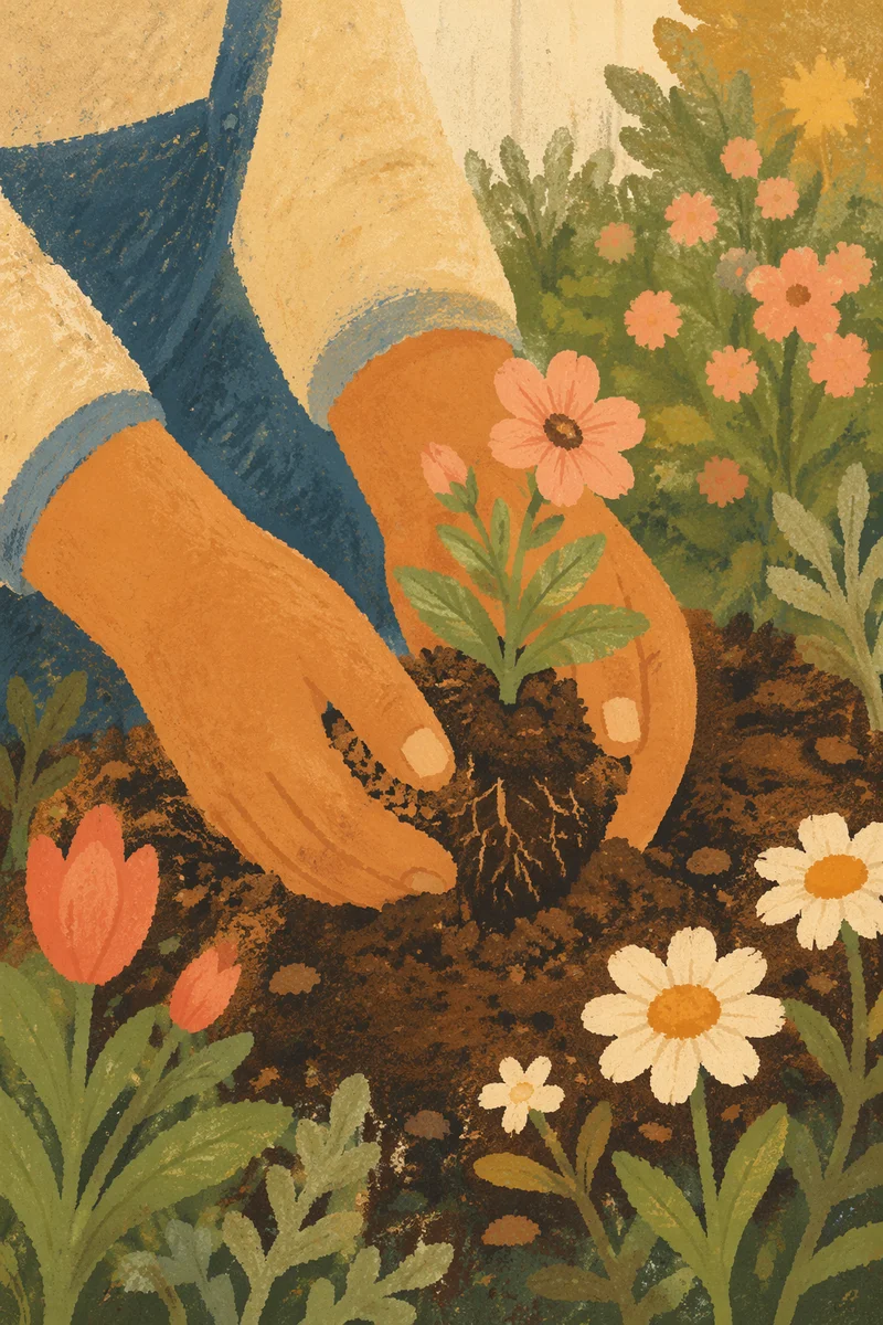 Hands Planting Spring Flowers in Garden Soil