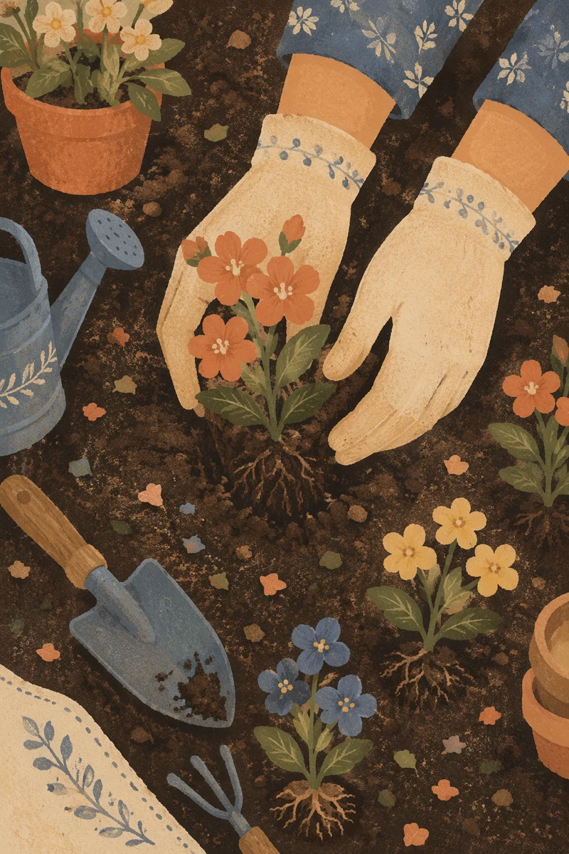 Spring Flower Planting Hands in Garden Soil