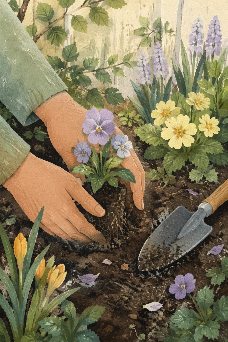 Hands Planting Spring Flowers in Garden Soil