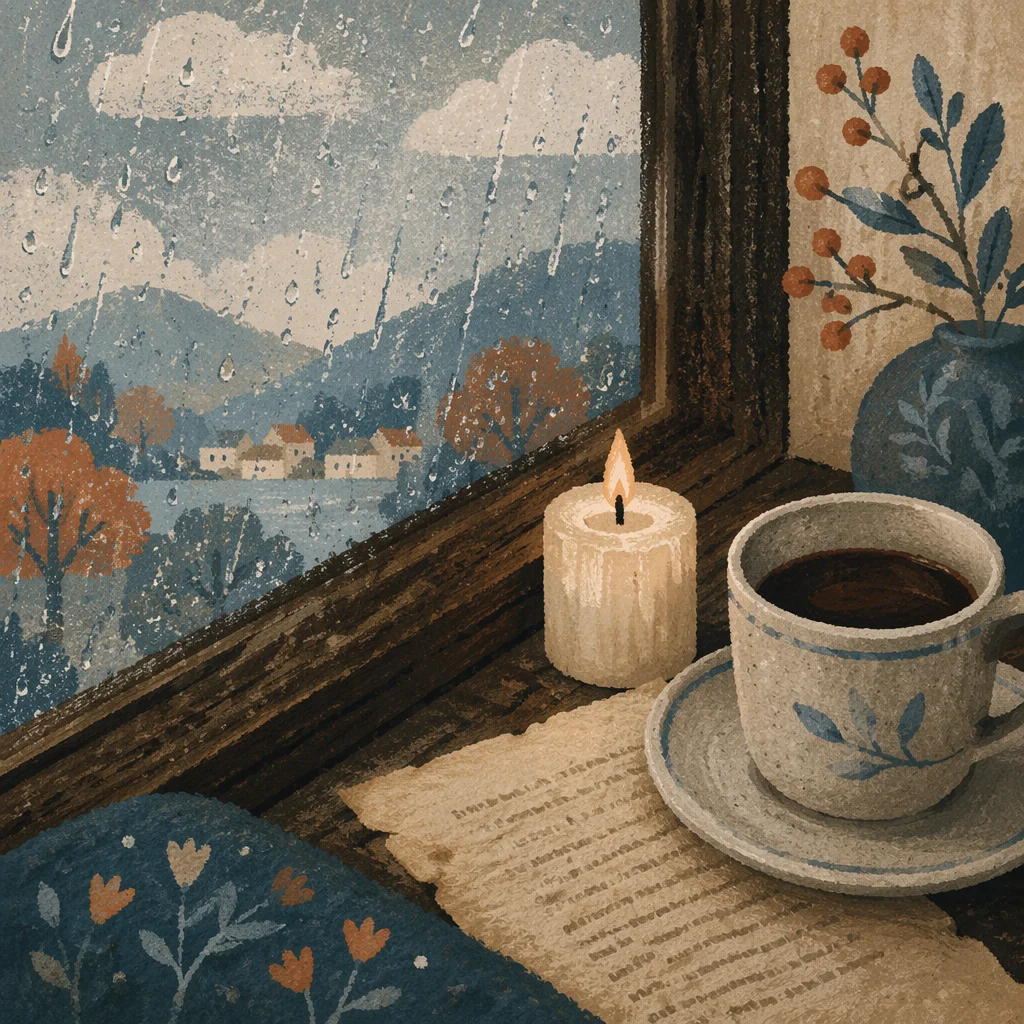Cozy Rainy Window Candle and Coffee