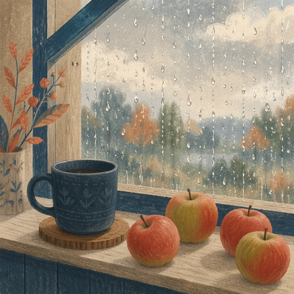 Cozy Rainy Day Windowsill with Apples