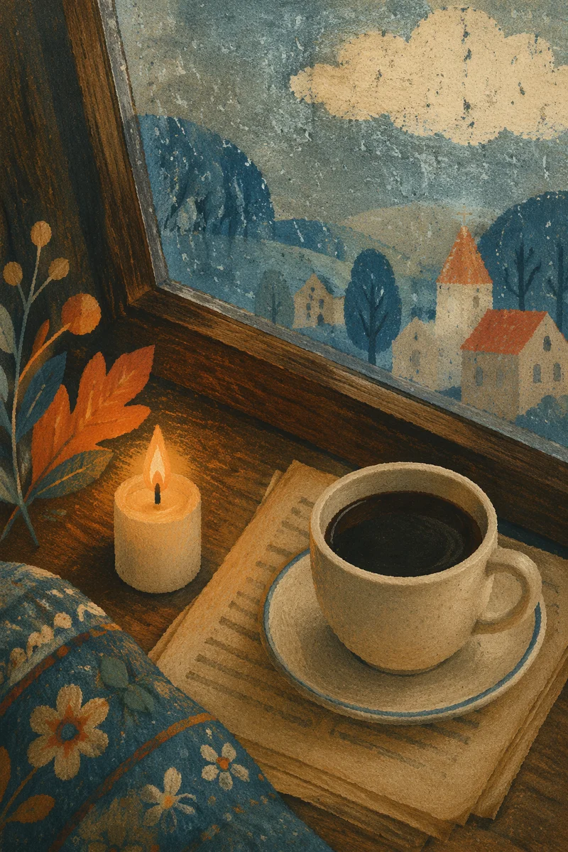 Cozy Rainy Window Candle and Coffee