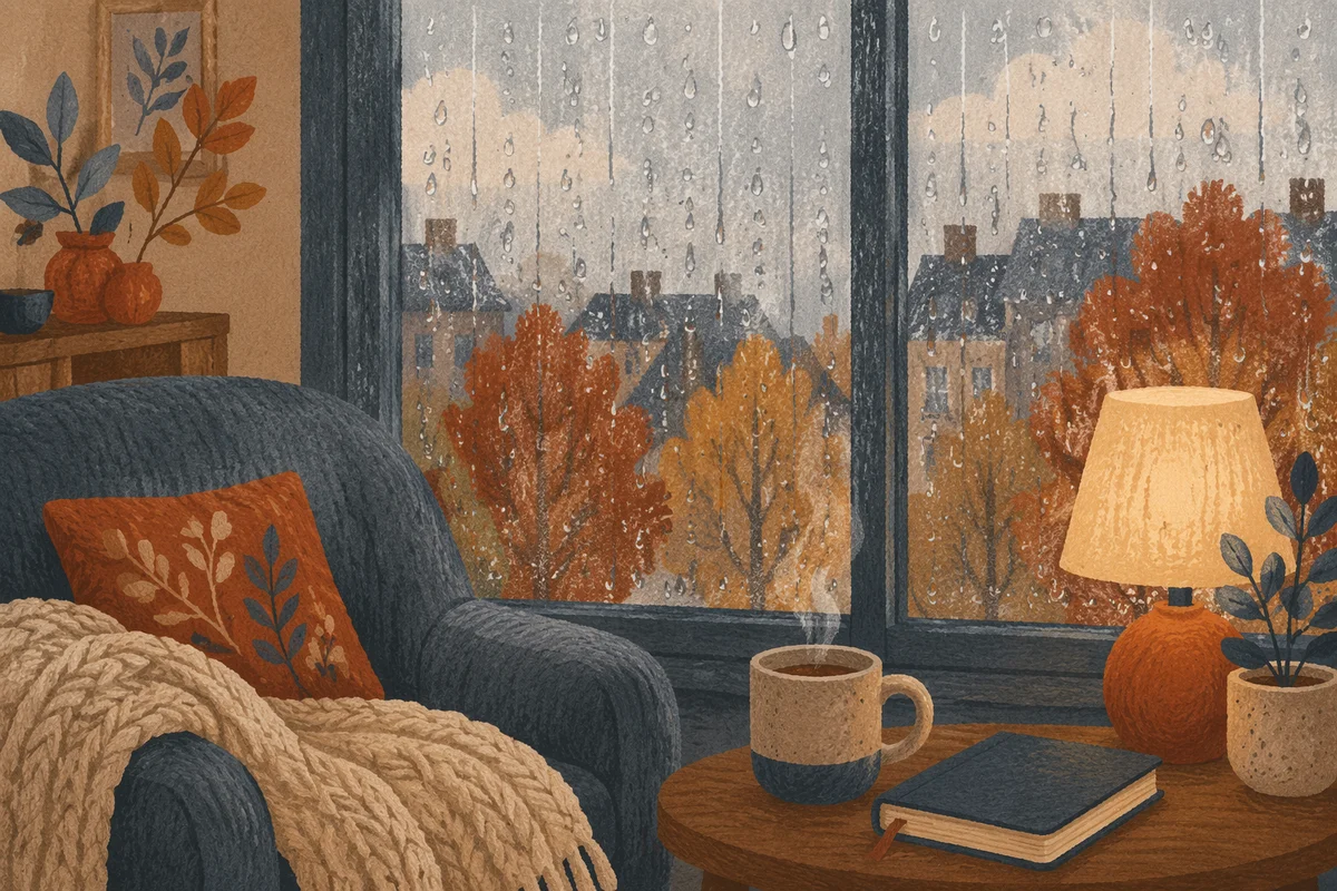 Cozy Rainy Autumn Window Reflection Scene