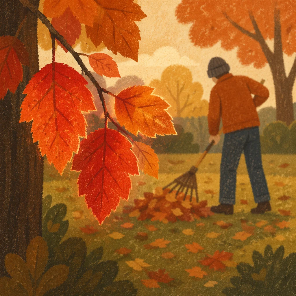 Golden Autumn Leaf Raking Yard Scene