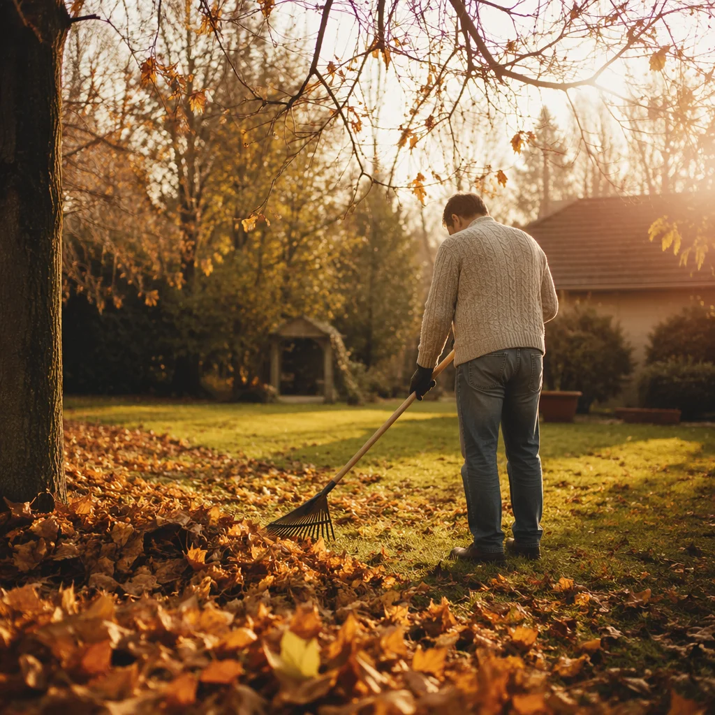 Raking Autumn Leaves in Golden Backyard Light