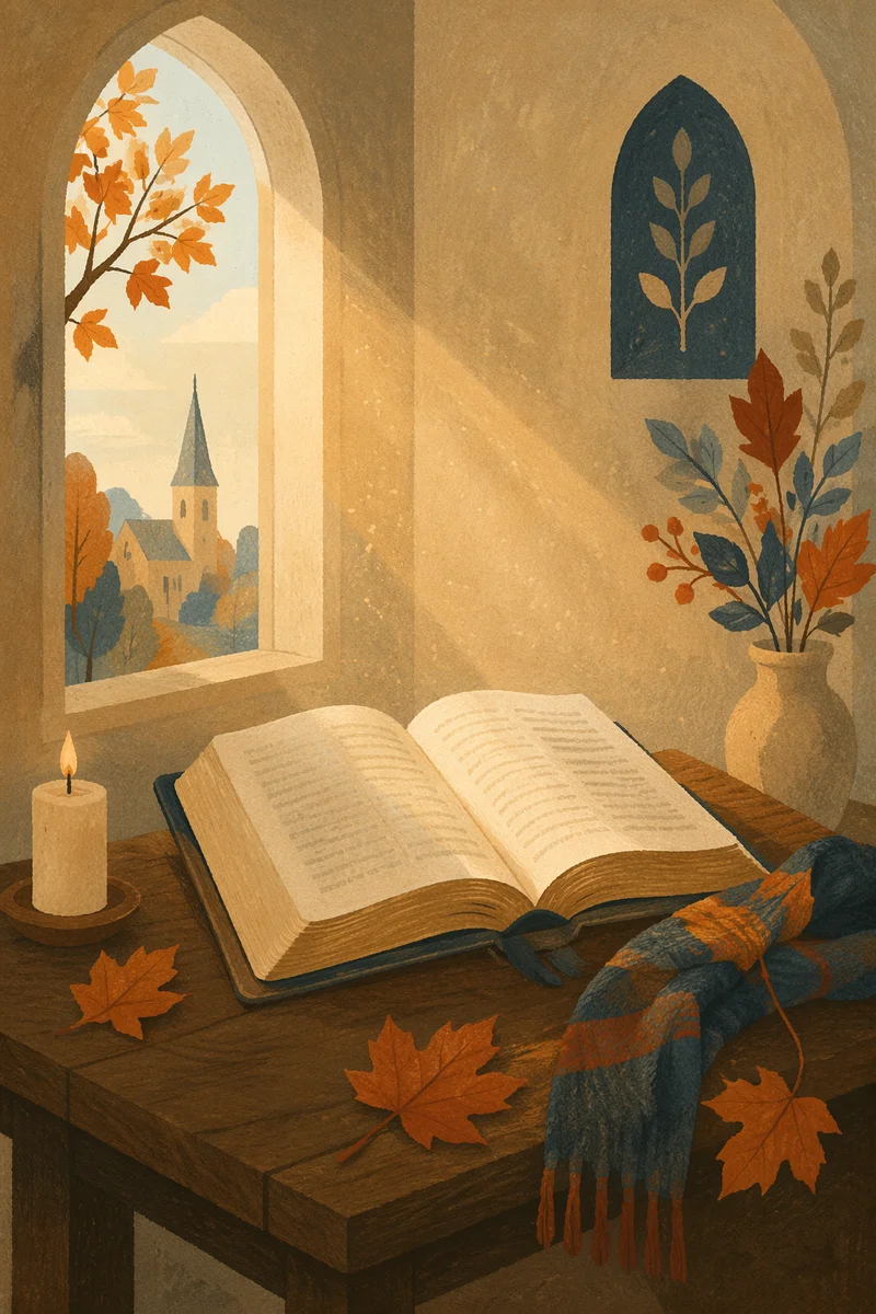 Open Bible in Autumn Chapel Light
