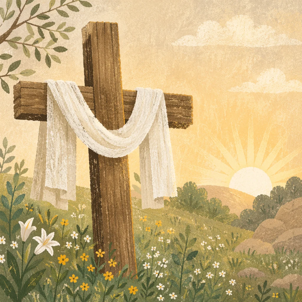 Resurrection Cross with White Linen at Sunrise