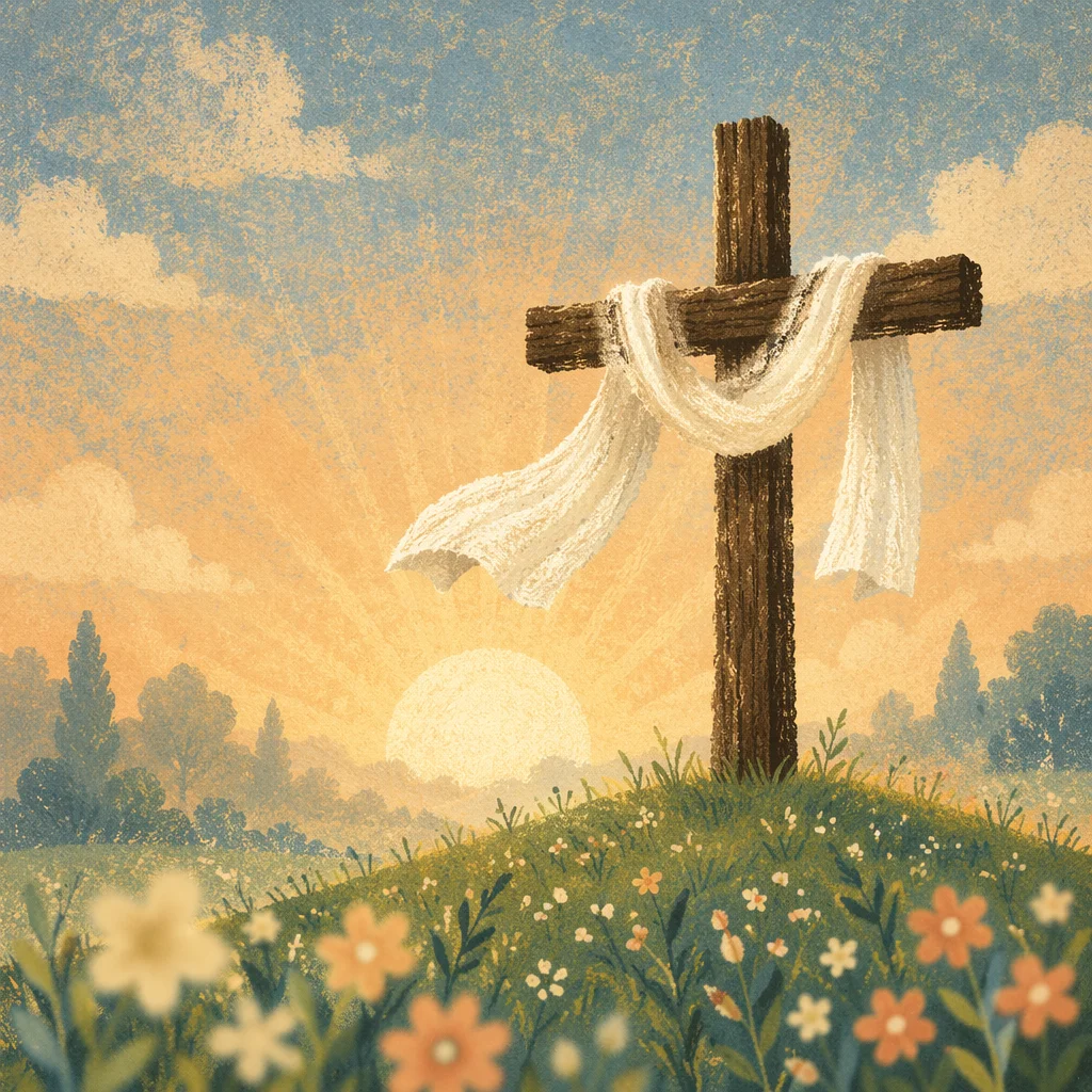 Resurrection Cross with White Cloth at Sunrise