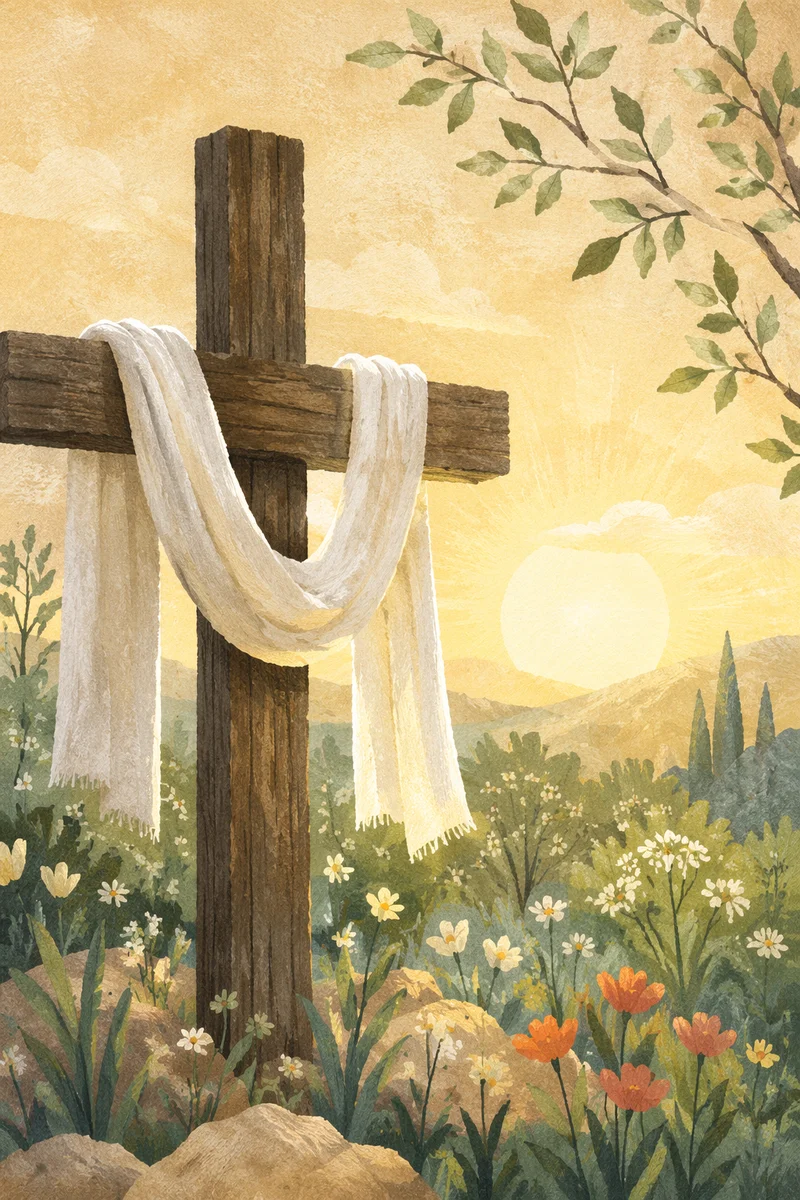 Resurrection Cross with White Linen at Sunrise