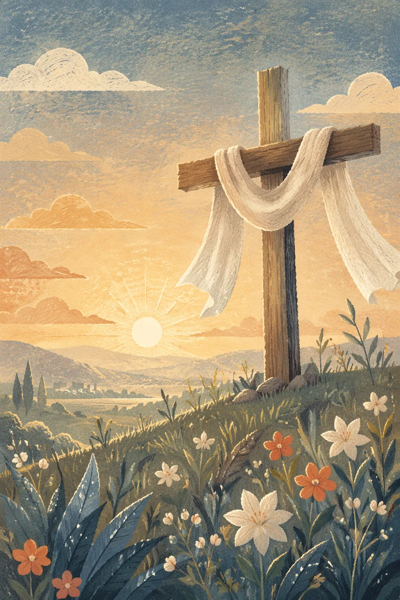 Resurrection Cross with White Cloth at Sunrise