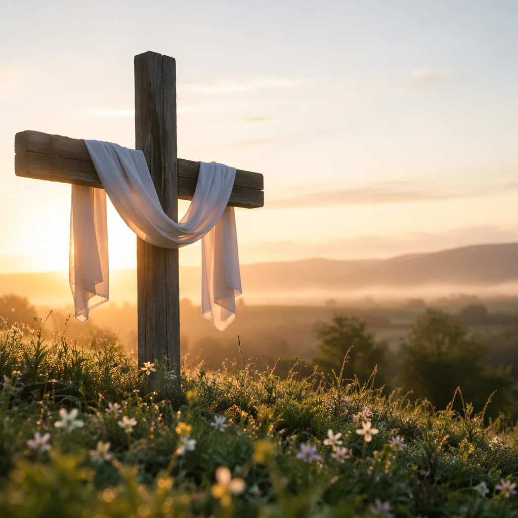 Resurrection Cross with White Cloth at Sunrise