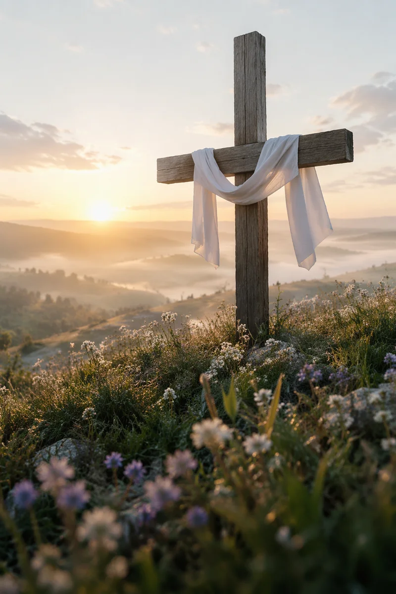 Resurrection Cross with White Cloth at Sunrise
