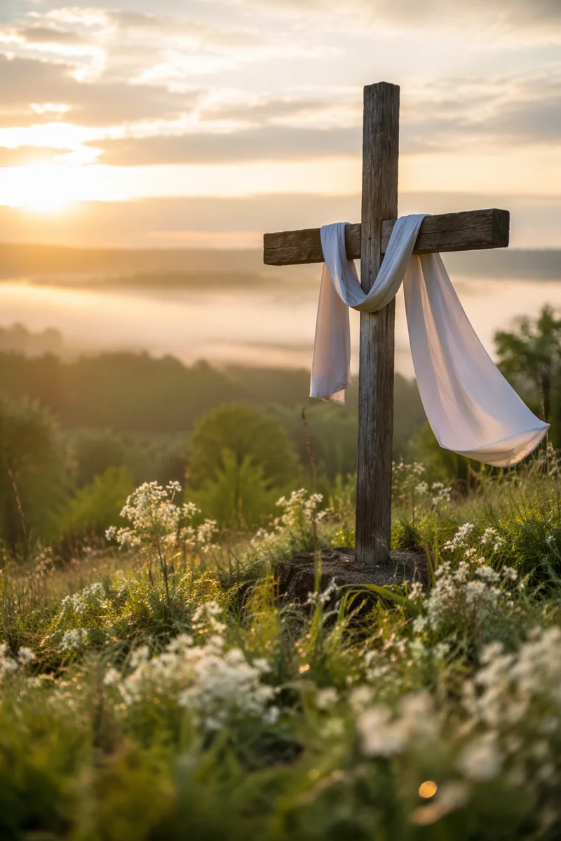 Resurrection Cross with White Cloth at Dawn