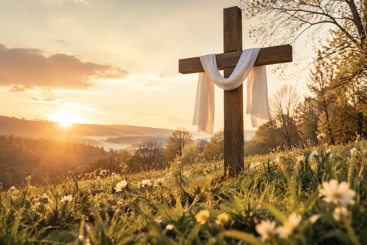 Resurrection Cross with White Cloth at Sunrise
