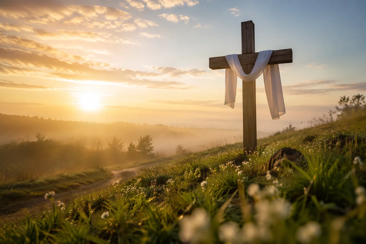 Resurrection Cross with White Cloth at Dawn
