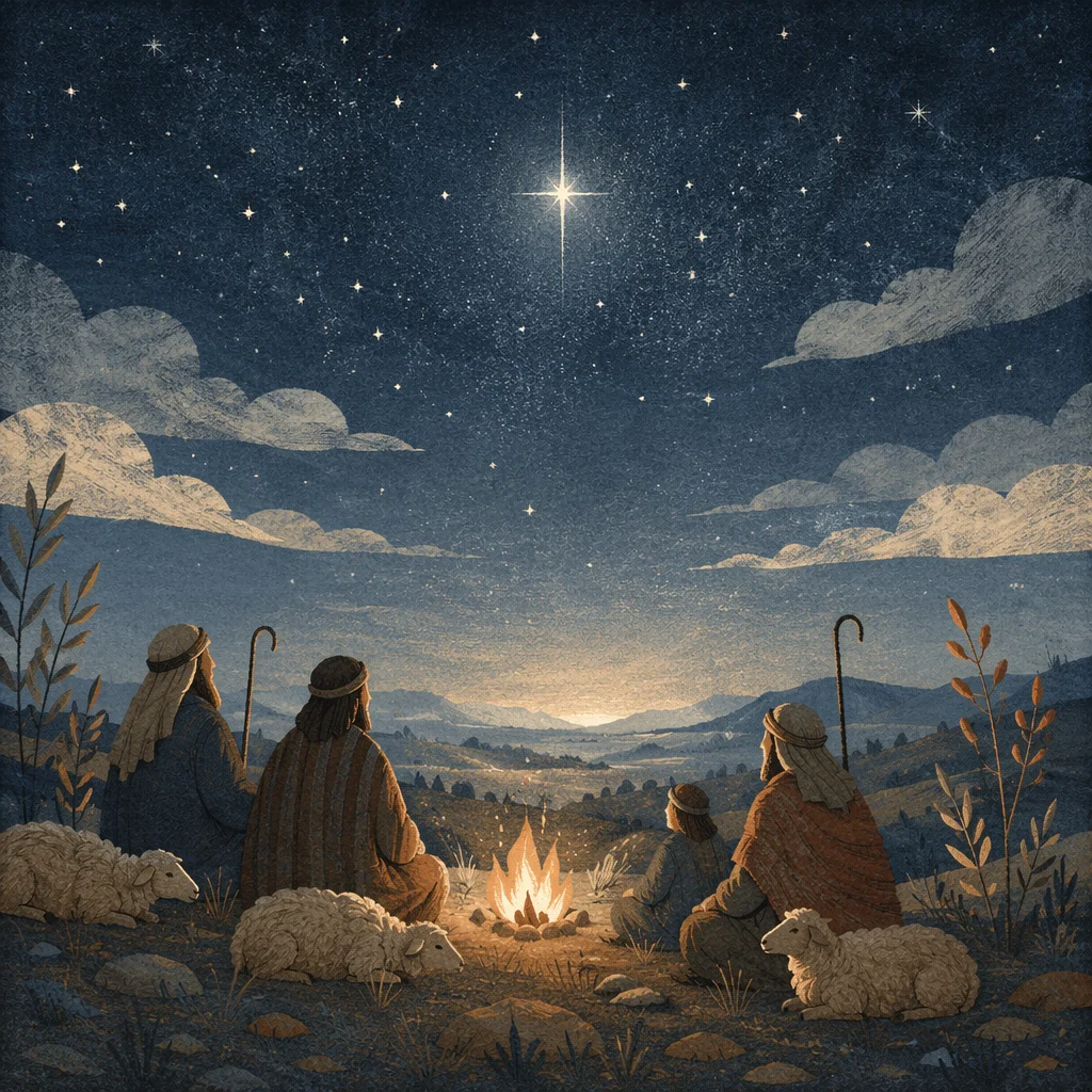 Shepherds Beneath Winter Stars at Campfire