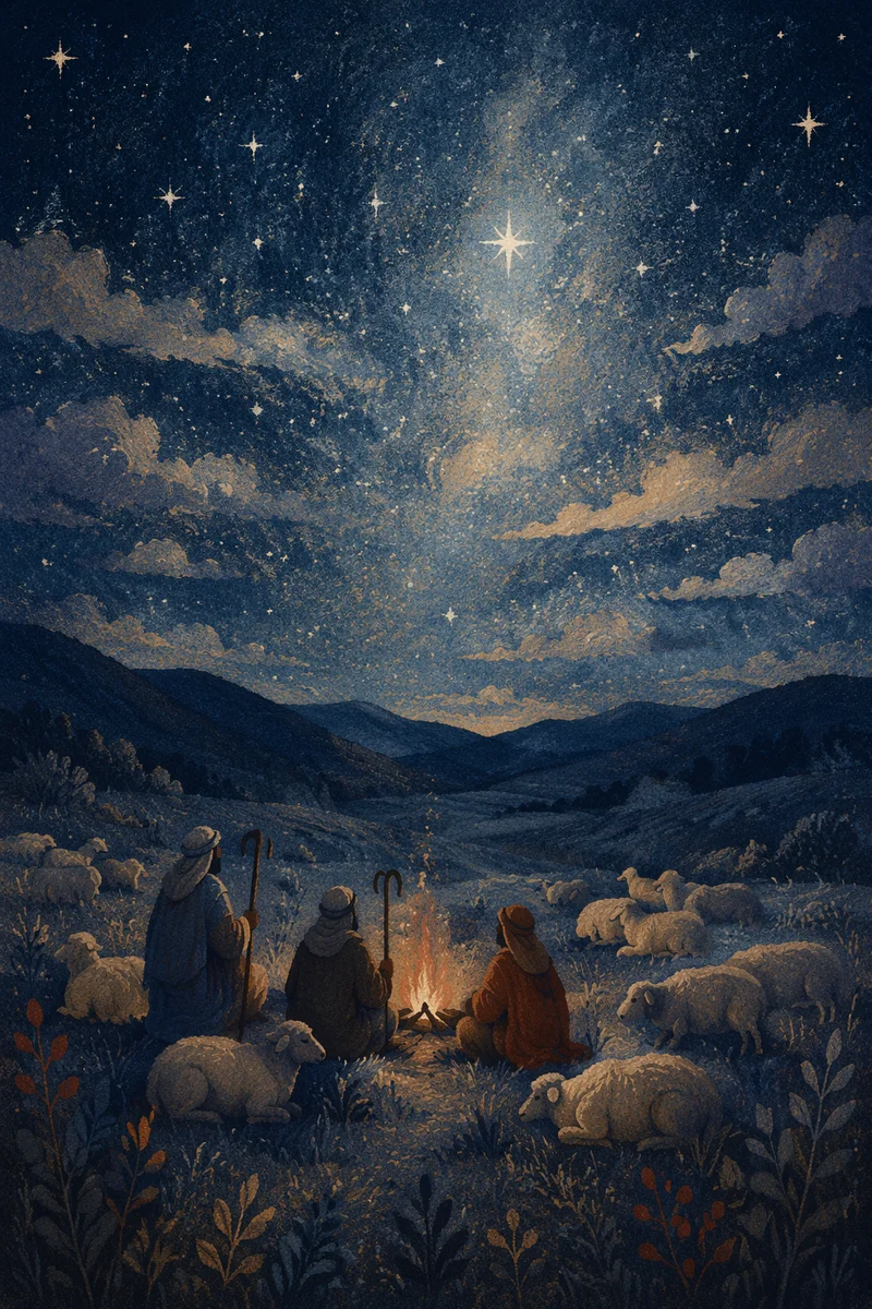 Shepherds Under Starry Winter Night Sky
