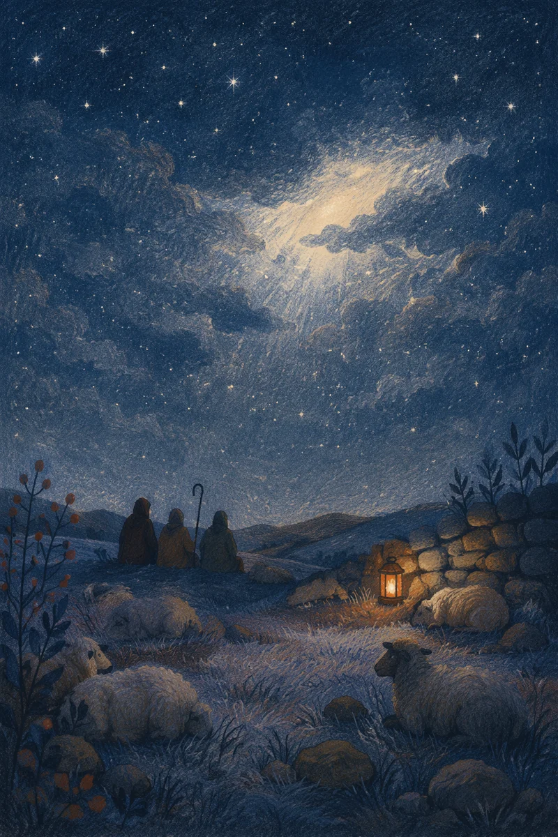 Shepherds Under Starry Winter Night Sky