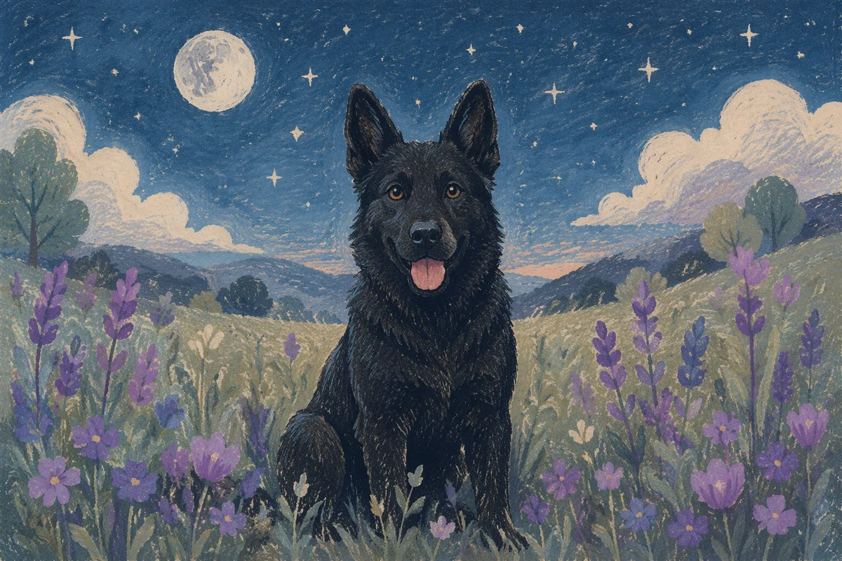 Black Shepherd Dog in Starry Spring Meadow