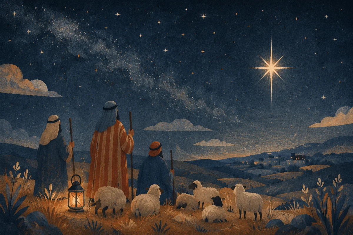 Shepherds Beneath Christmas Starry Winter Sky