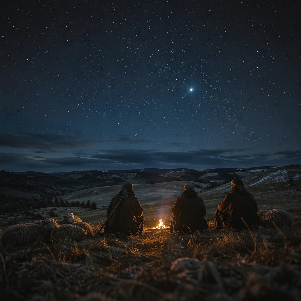 Shepherds Under Starry Winter Bethlehem Sky