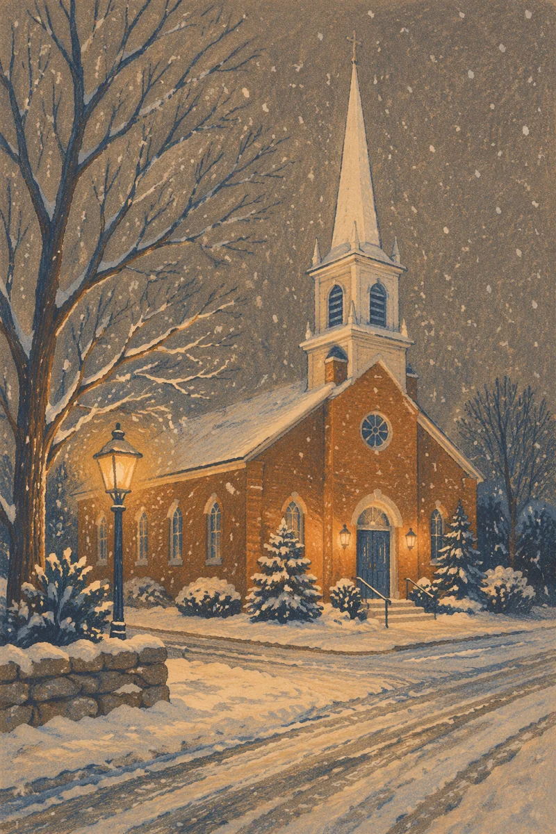 Snow Falling on Church Steeple at Night