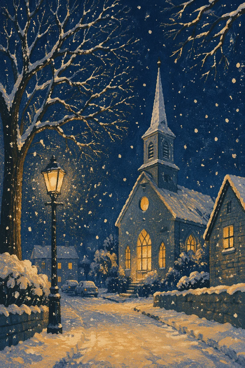 Snow Falling on Church Steeple at Night