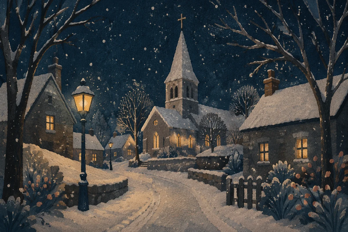 Snow Falling on Church Steeple at Night