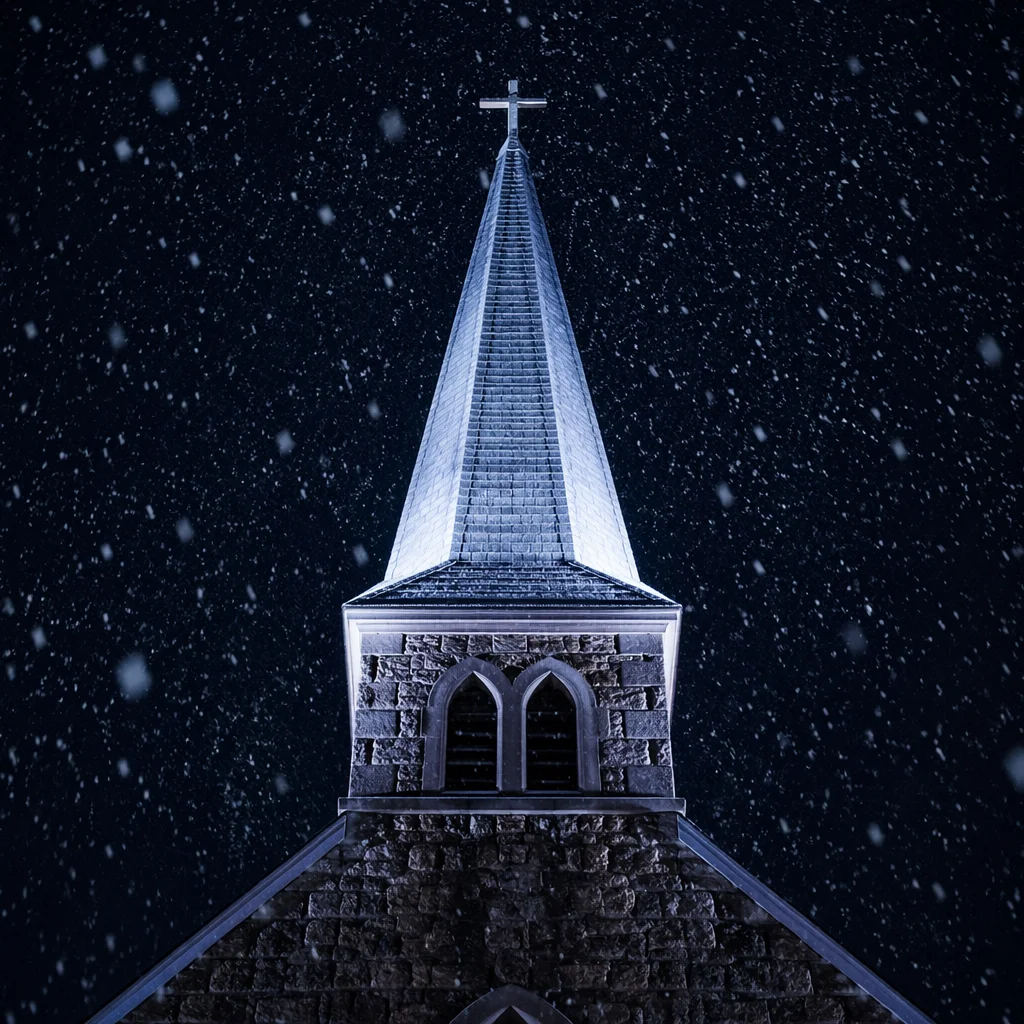 Snow Falling on Church Steeple at Night