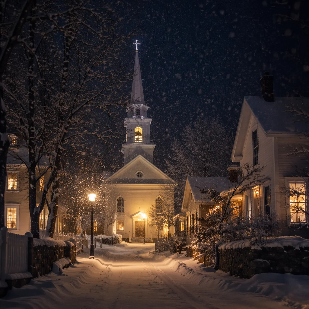 Snow Falling on Church Steeple at Night