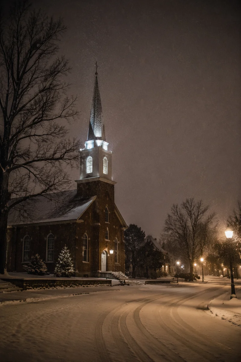 Snowy Church Steeple on Winter Night