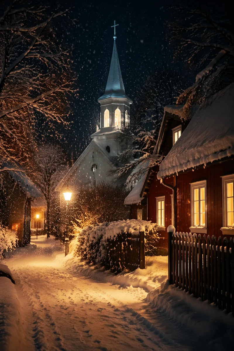 Snow Falling on Church Steeple at Night