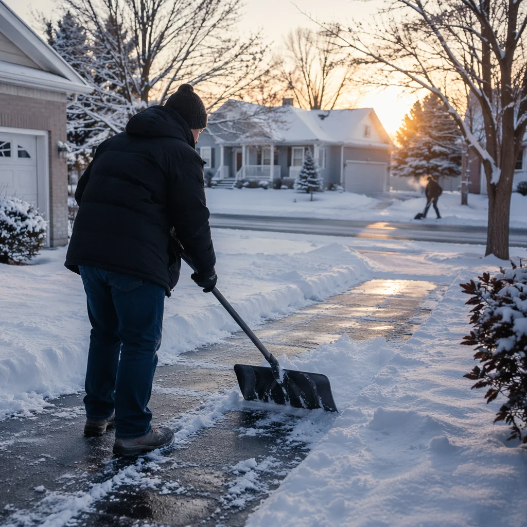 Winter Morning Snow Shoveling in Suburb