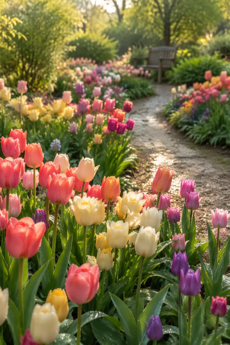 Blooming Tulip Garden in Morning Light