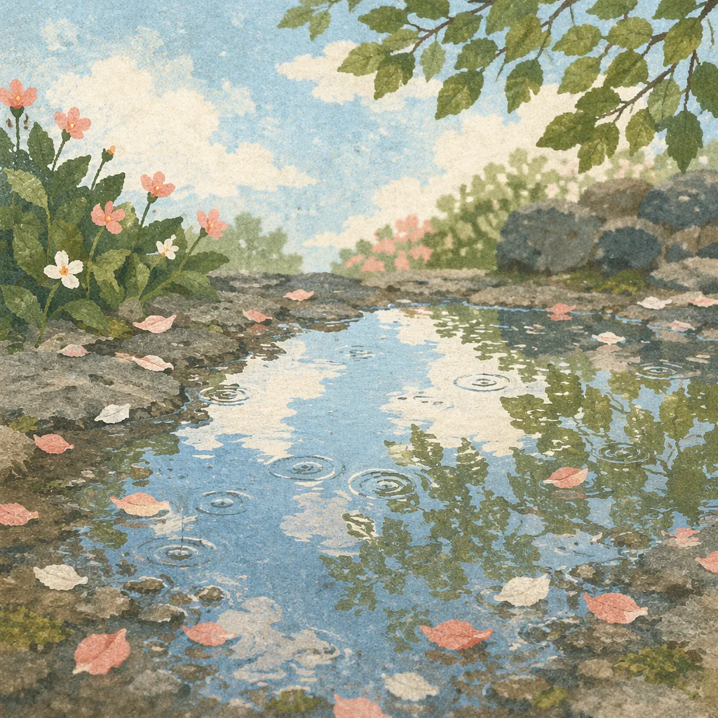 Spring Rain Puddle Reflecting Blue Sky