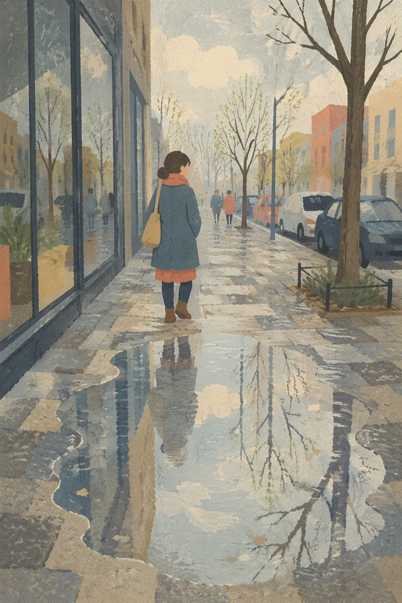 Spring Rain Puddle Reflecting City Sky