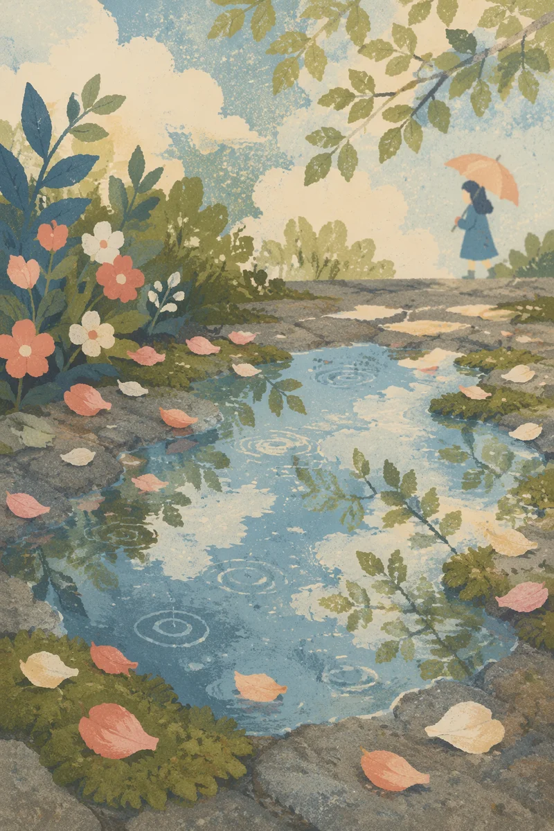 Spring Rain Puddle Reflecting Garden Sky