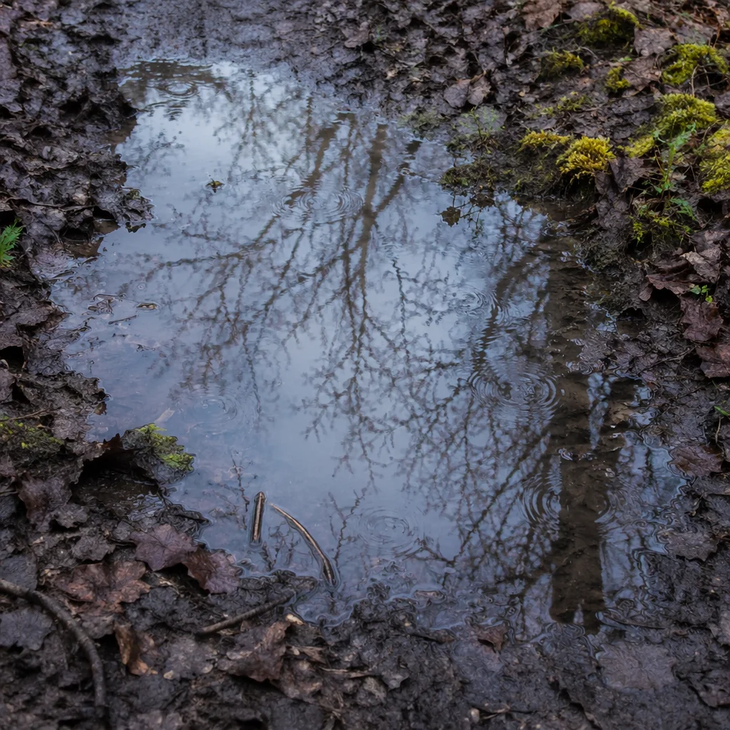 Spring Rain Puddle Reflecting Cloudy Sky