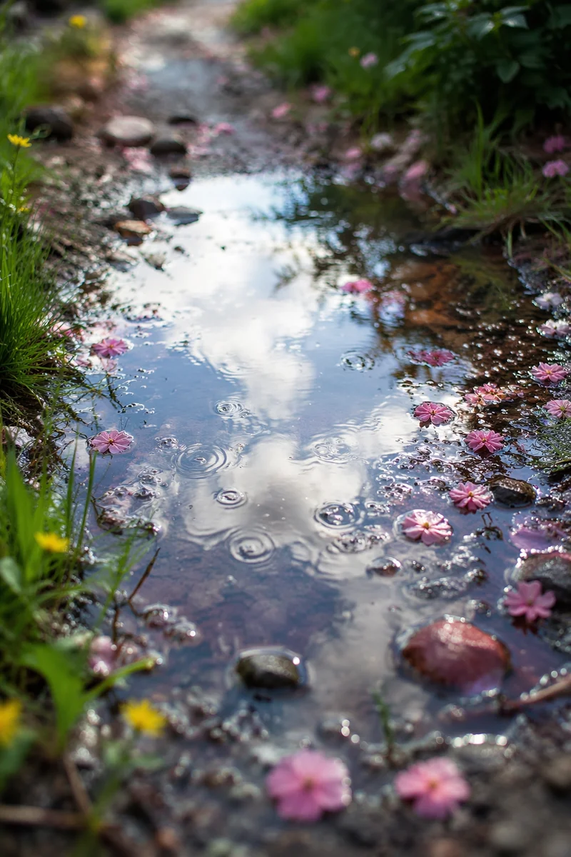 Spring Rain Puddle Reflecting Bright Sky