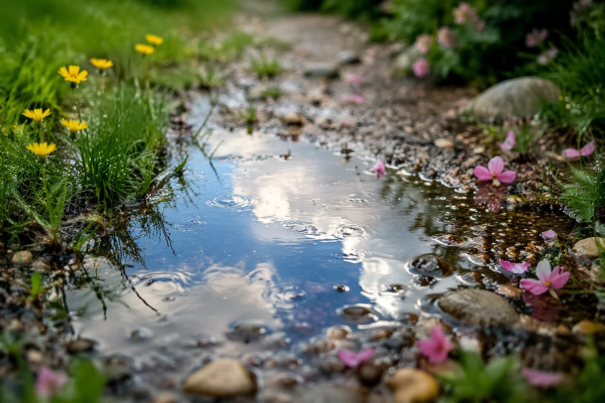 Spring Rain Puddle Reflecting Bright Sky