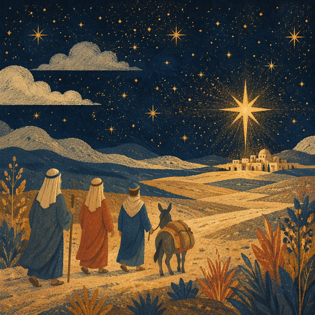 Travelers Following the Star in Desert Night