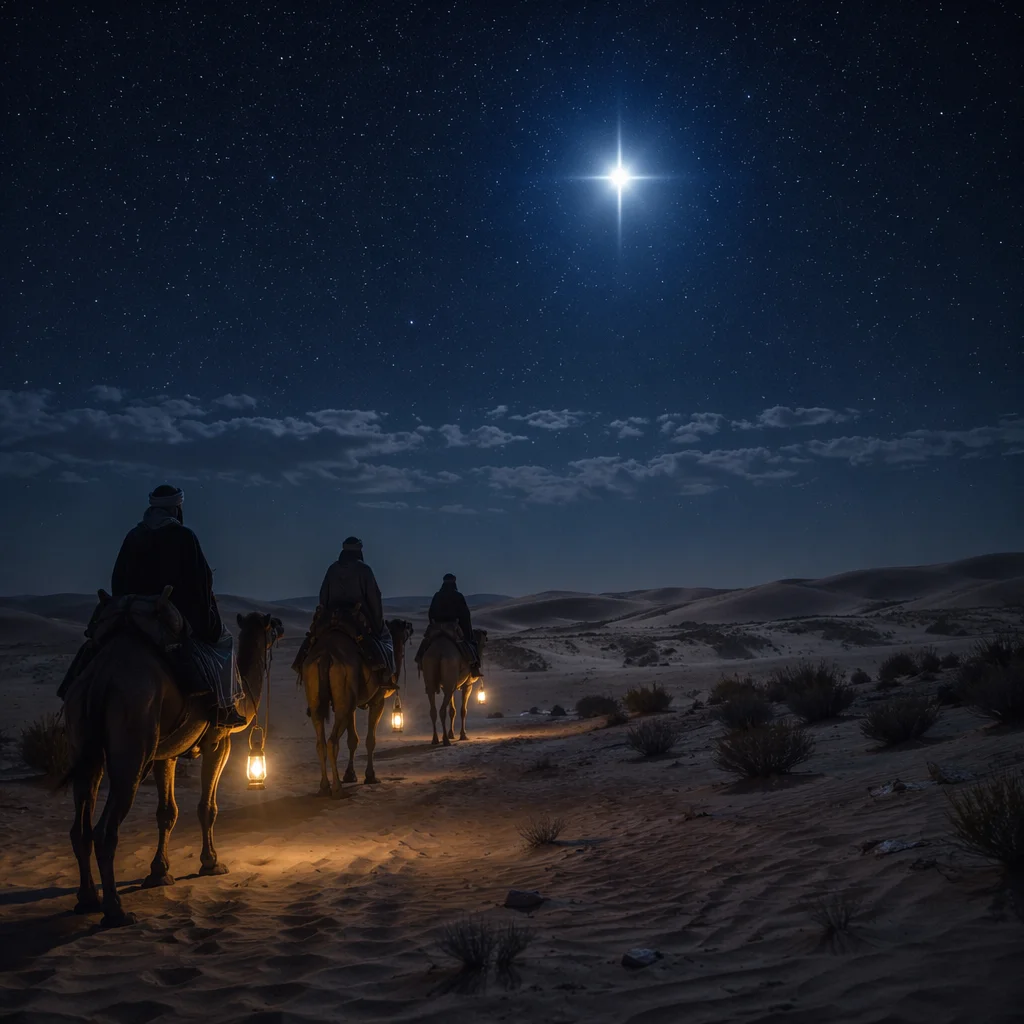 Travelers Following the Star in Desert Night