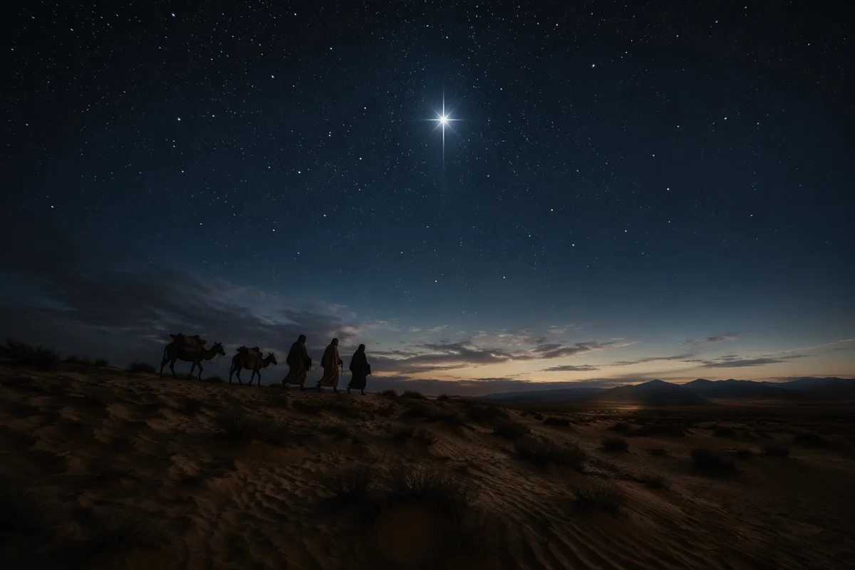 Travelers Following the Star in Desert Night